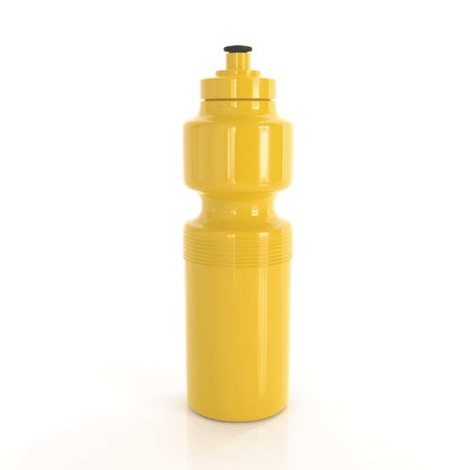 A drink bottle in bright yellow with a textured grip and a black cap, featuring a logo on the body.