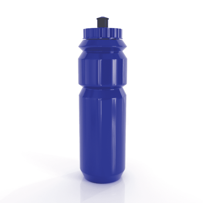 A drink bottle in vibrant blue with a secured lid and a sporty design. Features a visible logo.