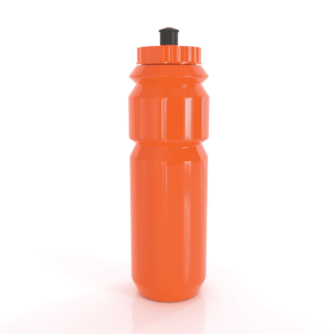 An orange drink bottle with a black cap, featuring a sleek design and a logo on the side.