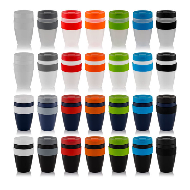 A collection of Mi-Cup Travel Mugs in various colours, featuring multiple designs and a logo on each mug.