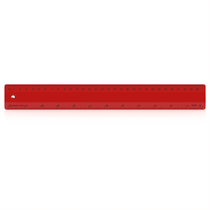 A red 30cm ruler with measurement markings and a hole for hanging. The ruler features a smooth, glossy finish.