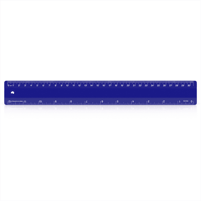 A 30cm blue plastic ruler with both metric and imperial markings, featuring a hole for easy storage.