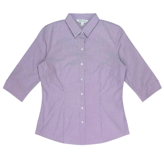 A button-up shirt with 3/4 sleeves in a purple gingham pattern featuring a collar and logo.