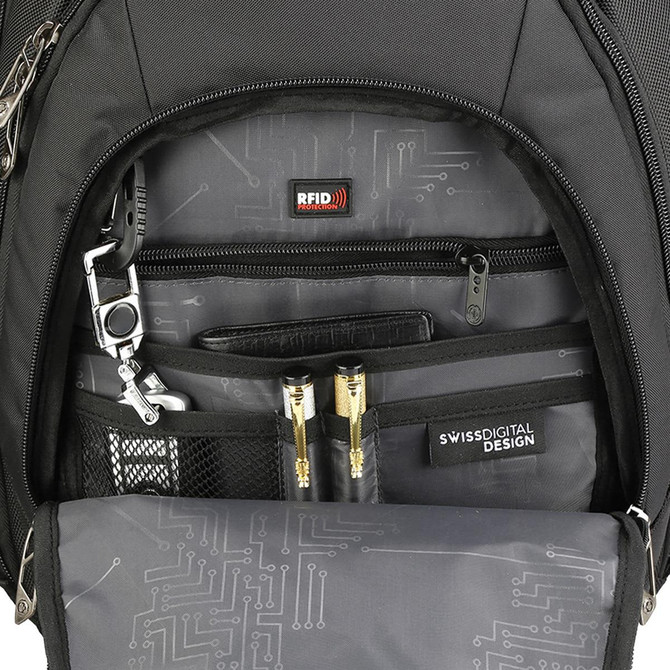 A black backpack interior featuring organisational compartments, pens, and an RFID pocket.
