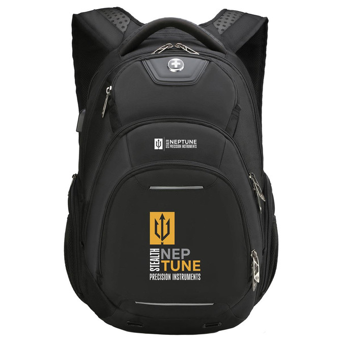 A black backpack featuring a logo, with multiple compartments and padded shoulder straps.