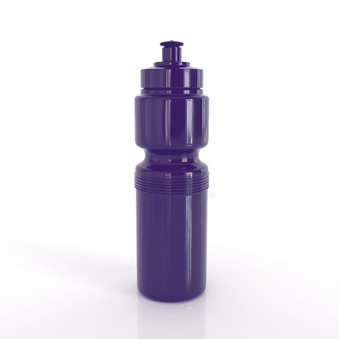 A drink bottle in a rich purple colour with a textured body and a flip-top lid. It has a logo on the surface.