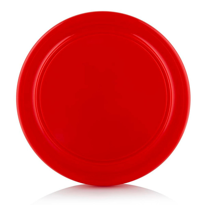 A red Frisbee with a smooth surface and a slight lip around the edge, featuring a logo in the centre.