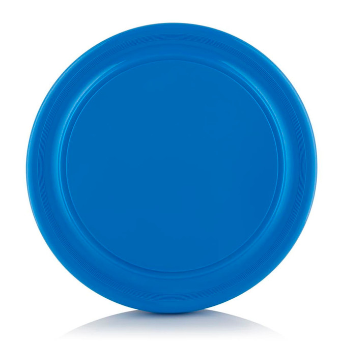 A blue frisbee with a smooth surface, featuring a circular shape and a subtle raised edge.