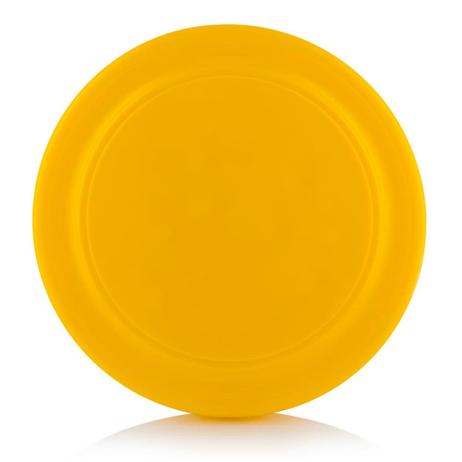 A yellow frisbee with a circular shape, featuring a smooth surface and an embossed logo.