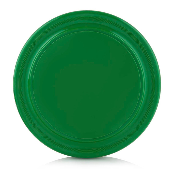 A green Frisbee with a smooth surface and slight rim detailing, featuring a logo in the centre.