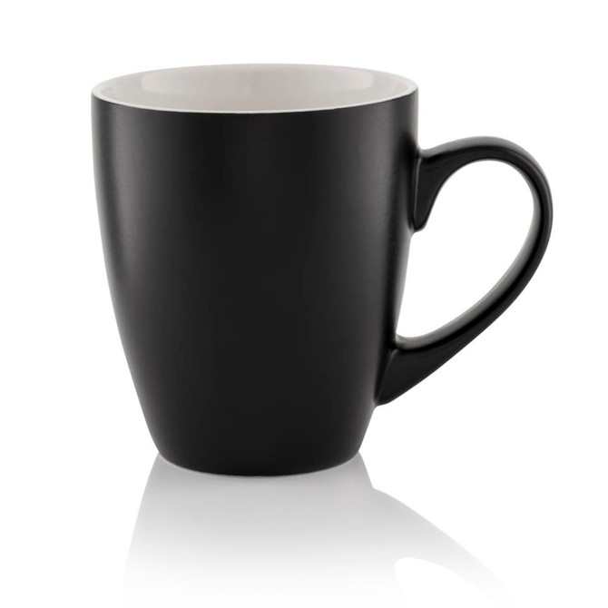 A black mug with a curved handle and a smooth finish, featuring a contrasting lighter interior.