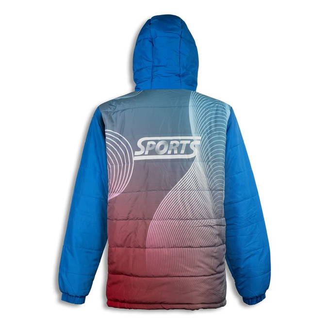 A blue and grey custom puffer jacket featuring a stylised logo and curved line designs on the back.