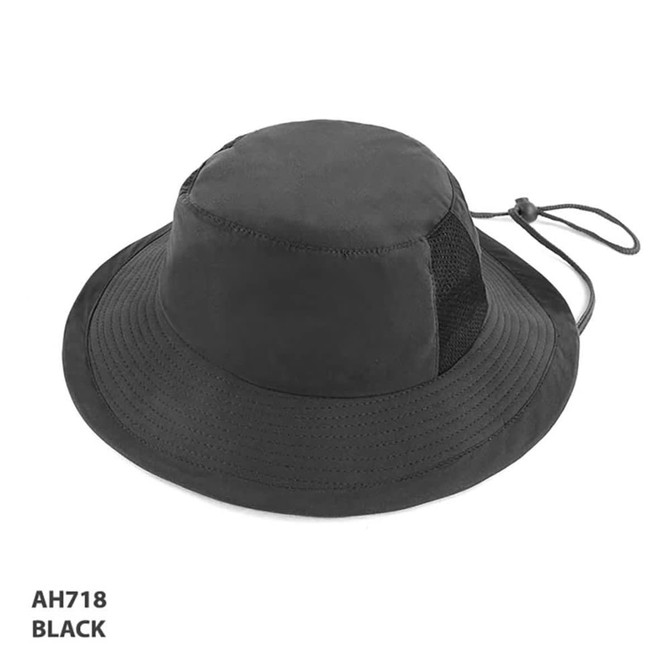 A black microfibre bucket hat featuring a mesh panel and adjustable drawstring. Includes a logo.