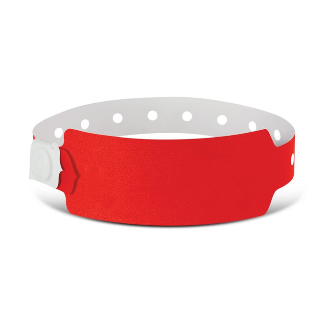 A red plastic event wristband with a white adjustable strap and a locking mechanism.
