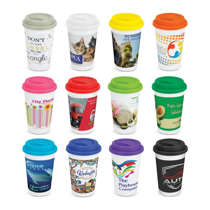 A collection of double wall coffee cups in various designs and vibrant colours, each with a different lid and logo.