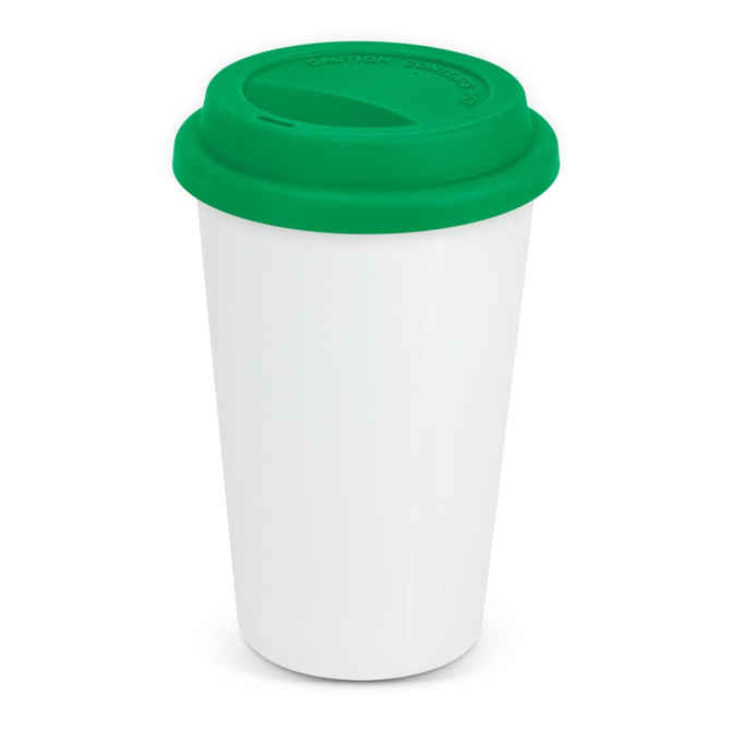 A coffee cup with a white body and a green lid, featuring a logo on the surface.