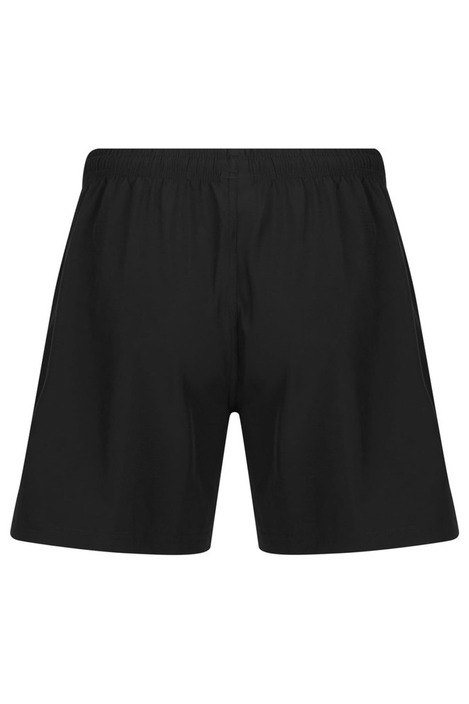 A pair of black men's training shorts featuring a comfortable elastic waistband and a simple design.