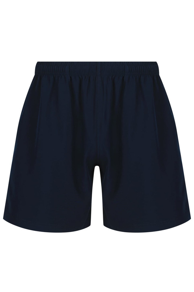 Navy blue men's sports shorts with an elastic waistband and a logo on the front. Suitable for training activities.
