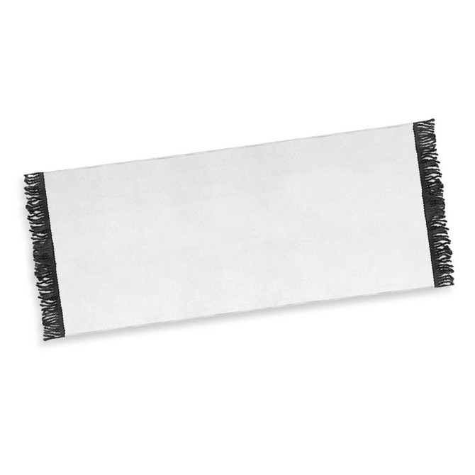 A white beach towel with black fringed edges, featuring a logo or branding. Ideal for leisure and outdoor use.