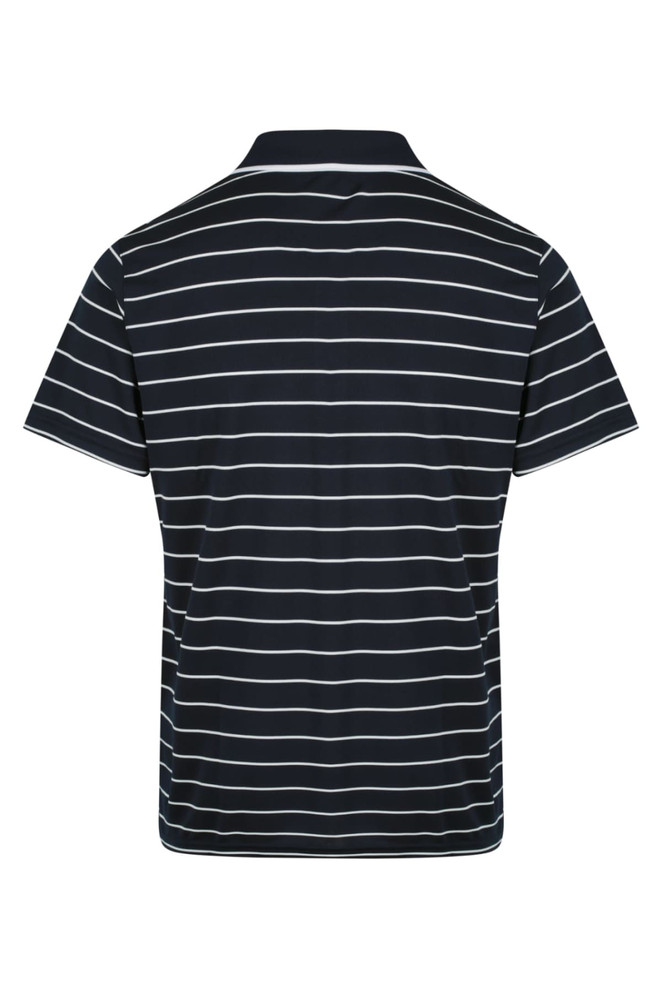 A navy blue polo shirt with white stripes and a collar, featuring a logo on the side.