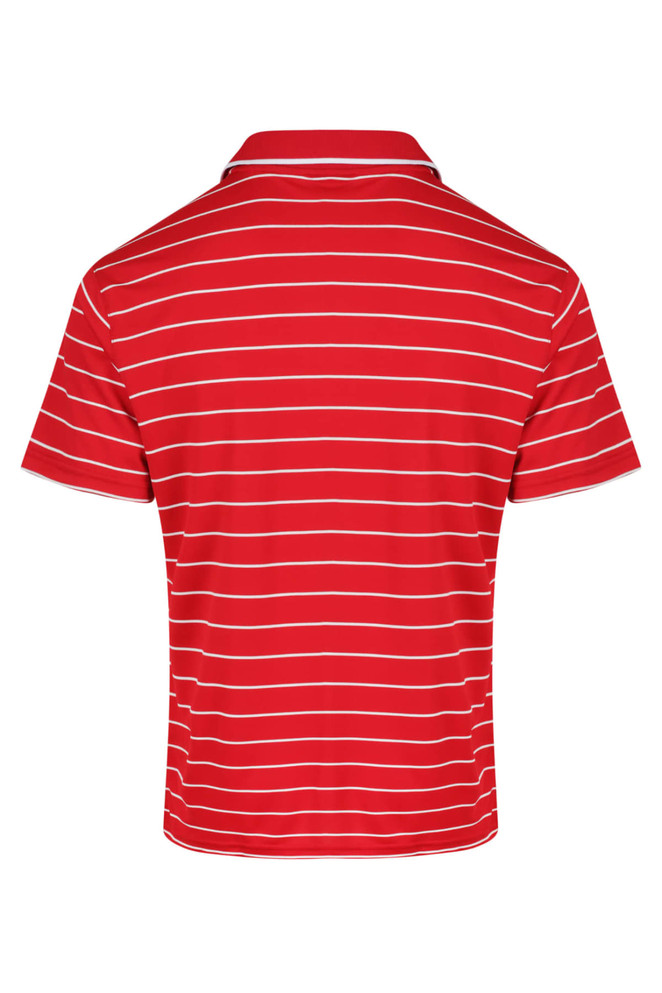 A red polo shirt with white horizontal stripes and a collar, featuring a logo on the back.