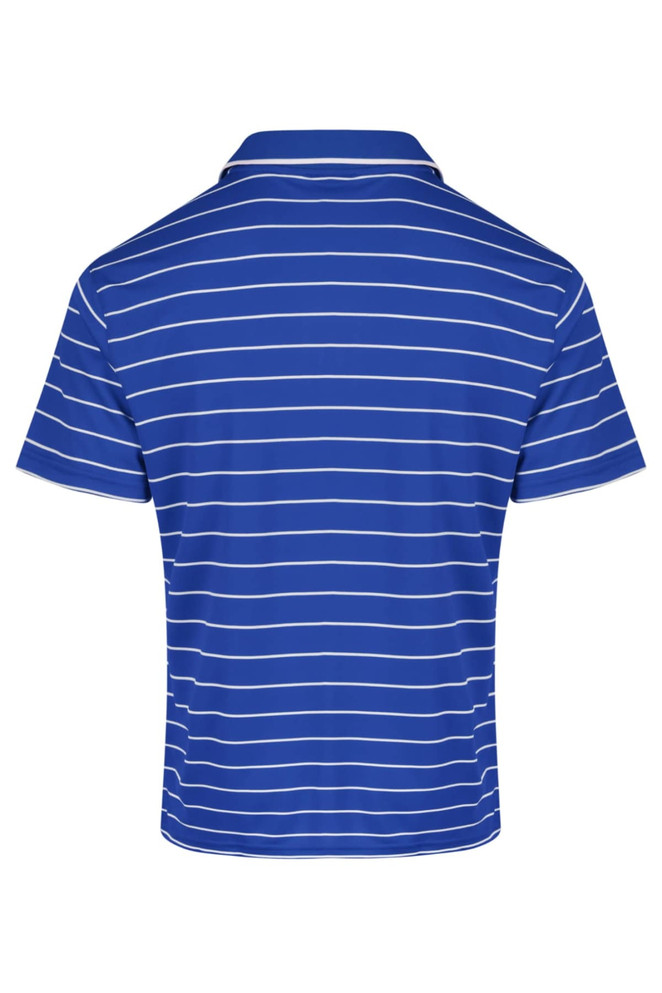 A blue polo shirt with white stripes, featuring a collar and short sleeves. The shirt has a logo on it.