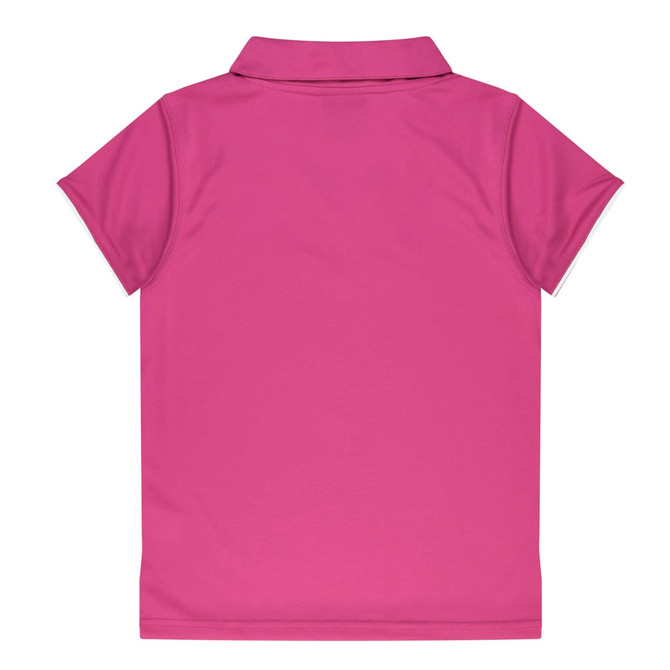 A pink polo shirt featuring a classic collar and short sleeves, with a logo on the back.