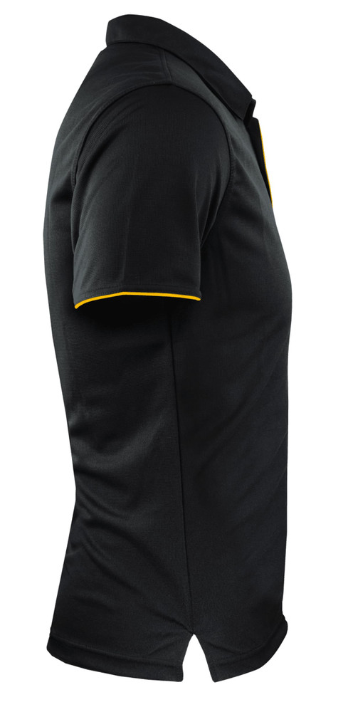 A black polo shirt with yellow tipping, featuring a side view and a collar. The shirt has a logo on it.