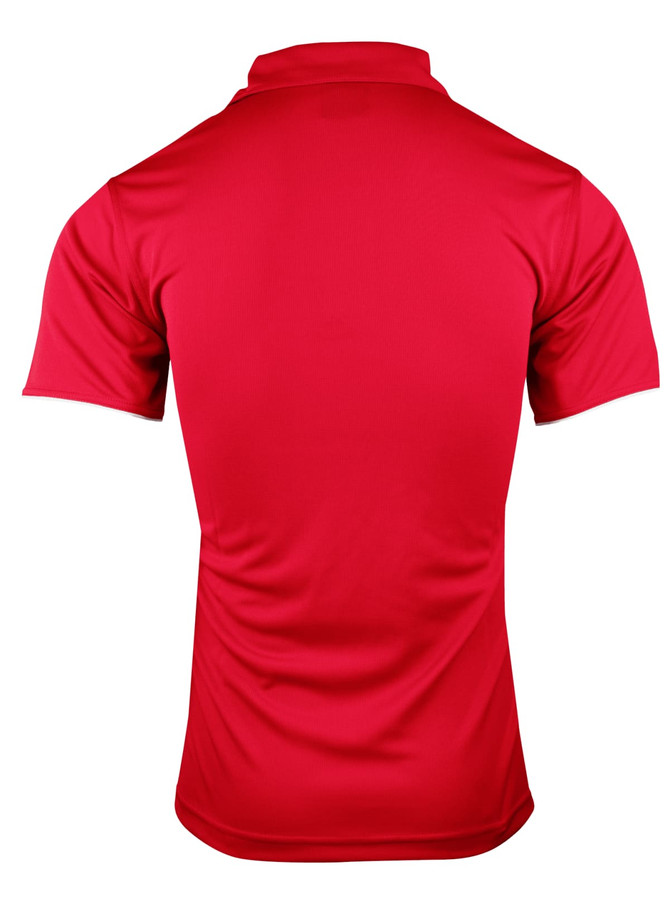 A red polo shirt with a classic collar and short sleeves. The back view highlights a smooth, minimalist design.