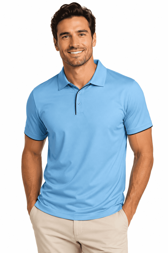 A light blue men's polo shirt featuring a collar and short sleeves, with a logo on the chest.