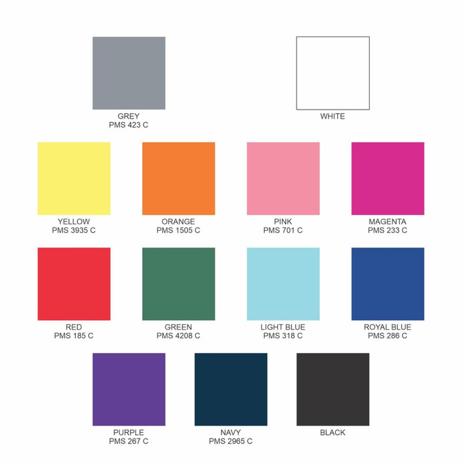 A colour palette featuring grey, orange, yellow, red, pink, green, light blue, royal blue, purple, navy, black, and white squares.