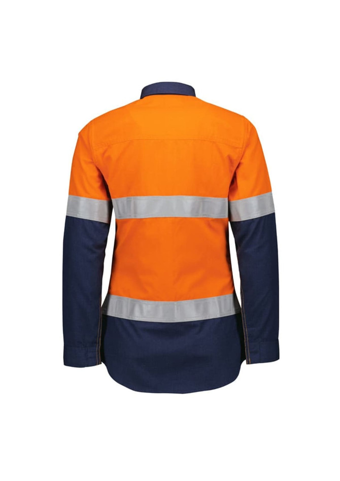A lightweight ripstop shirt in orange with navy blue sleeves and reflective tape details on the back.