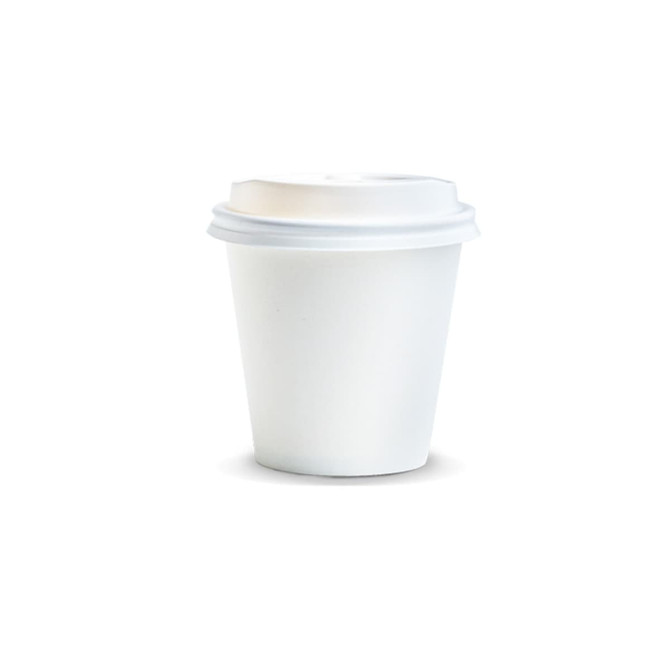 A white paper coffee cup with a lid, 180ml capacity, featuring a logo on the surface.