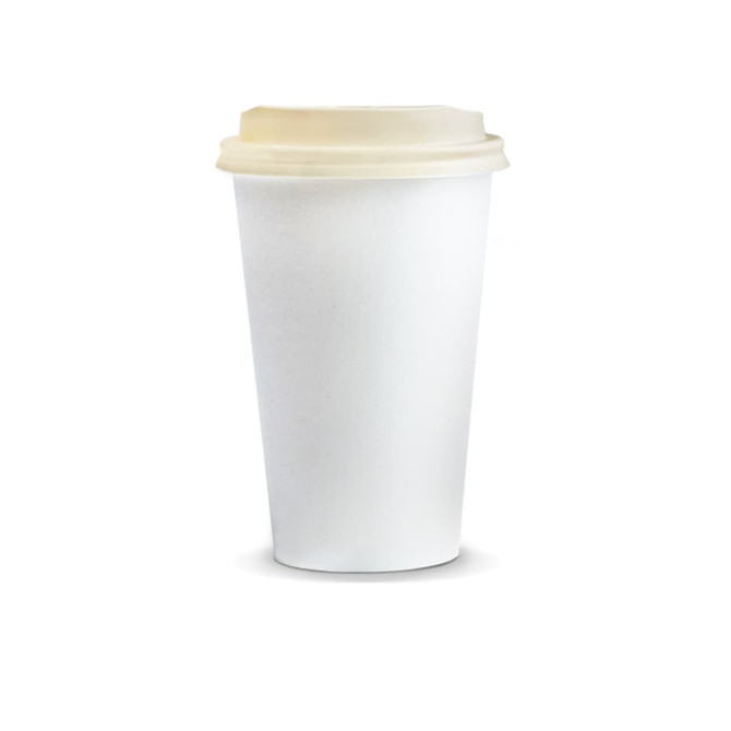A white compostable paper coffee cup with a cream-coloured lid, 350ml capacity, featuring a branding logo.