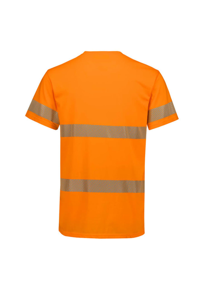 An orange hi-vis segmented tape cotton T-shirt featuring reflective stripes. The shirt has a logo on it.