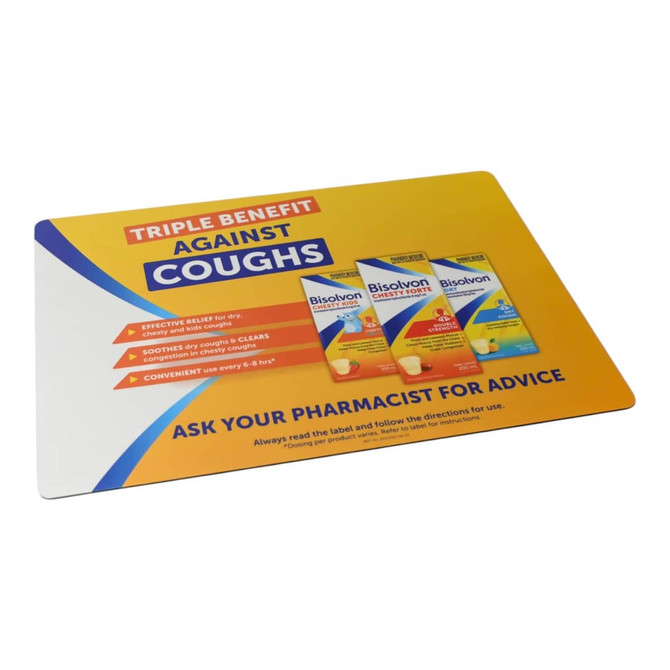 A counter mat featuring a vibrant orange and yellow design, showcasing cough relief products with a logo.