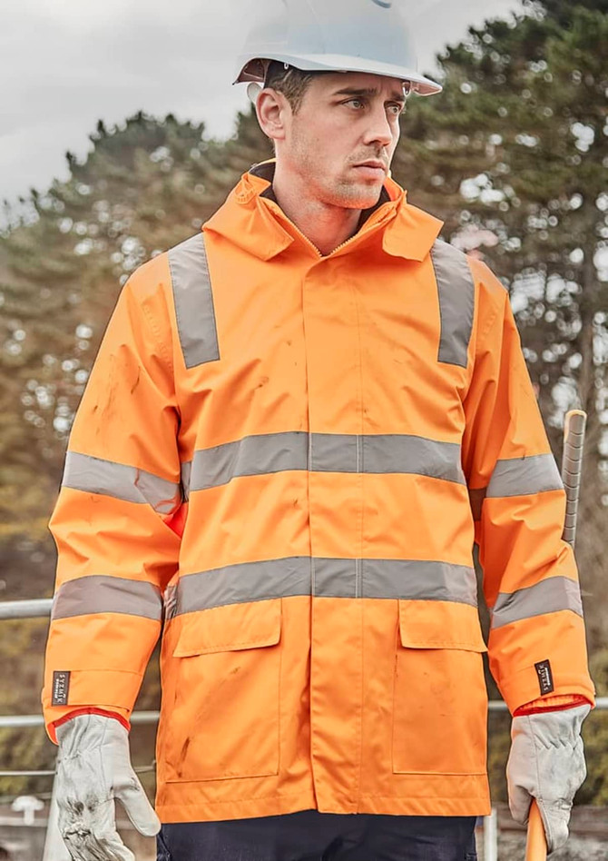 A waterproof unisex jacket in bright orange with reflective strips, designed for workwear, featuring a logo.