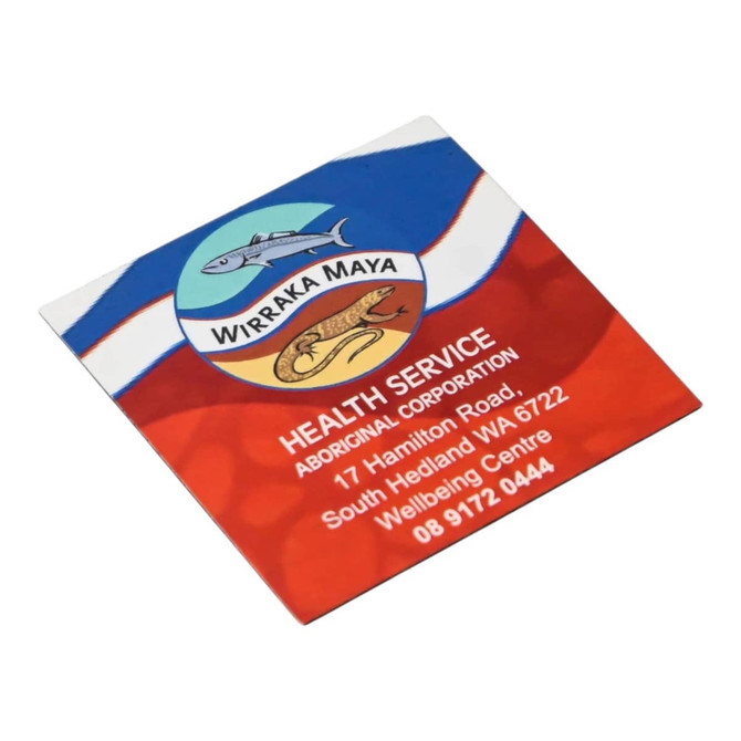 A square fridge magnet featuring a colourful design with fish illustrations and a logo, primarily in red and blue.