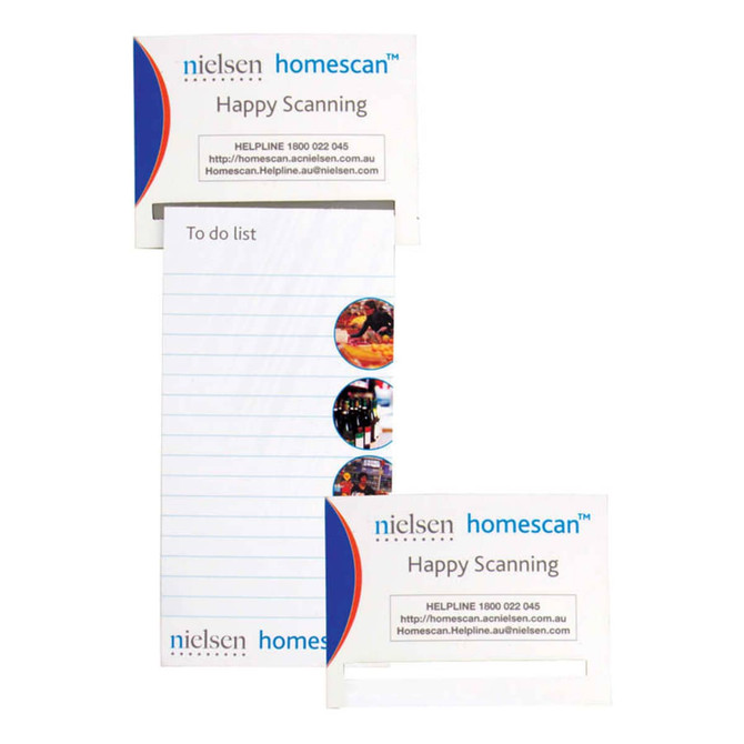 A magnetic to-do list product featuring a white notepad with lined pages and a small branding label in blue and red.