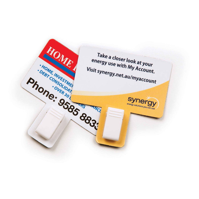 A T-Magnet with Clip in red and white, featuring a branding logo and a clip for attachment.