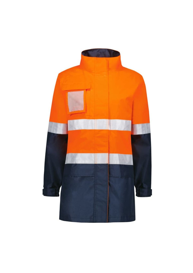 A waterproof jacket in vibrant orange and navy, featuring reflective stripes and a chest pocket.