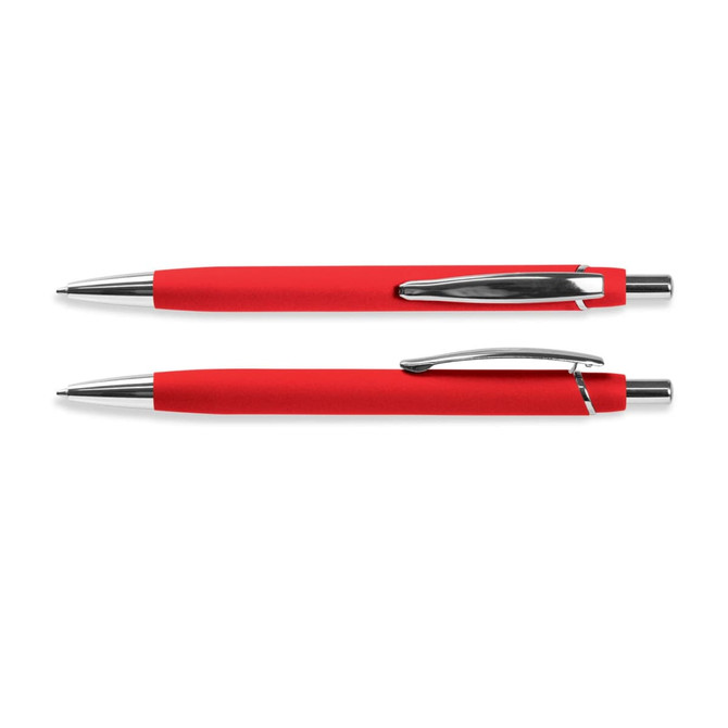 A red soft-touch pen with chrome accents and a branded logo on the barrel.