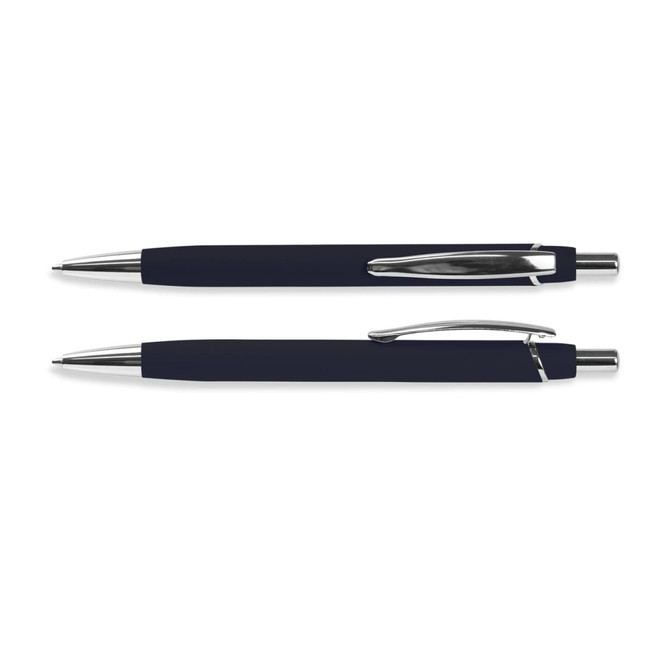 A soft-touch pen in navy blue with chrome accents and a sleek design, featuring a clip and a logo.