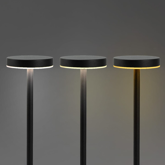 Three black rechargeable table lamps with round tops and adjustable light settings against a grey background.