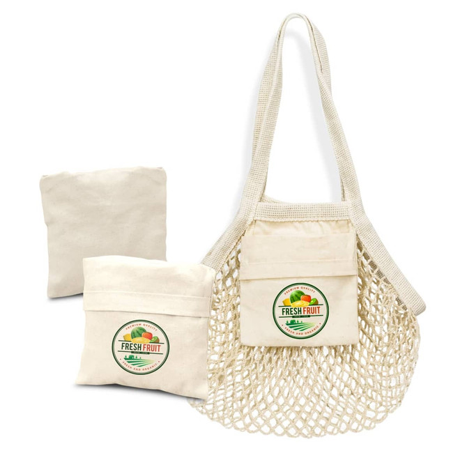 A small, cream-coloured cotton mesh tote bag with a foldaway design and a logo, accompanied by a compact storage pouch.