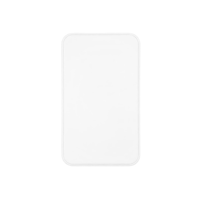 A white solid-state power bank with rounded edges and a simple design, featuring a logo on the surface.