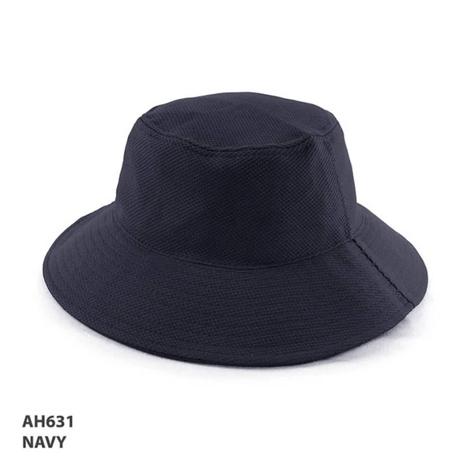 A navy PQ Mesh Bucket Hat with a wide brim and a textured surface, featuring a logo.