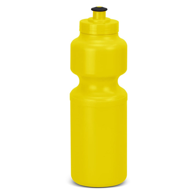 A drink bottle in bright yellow with a screw top lid and a rounded body. It features a logo.