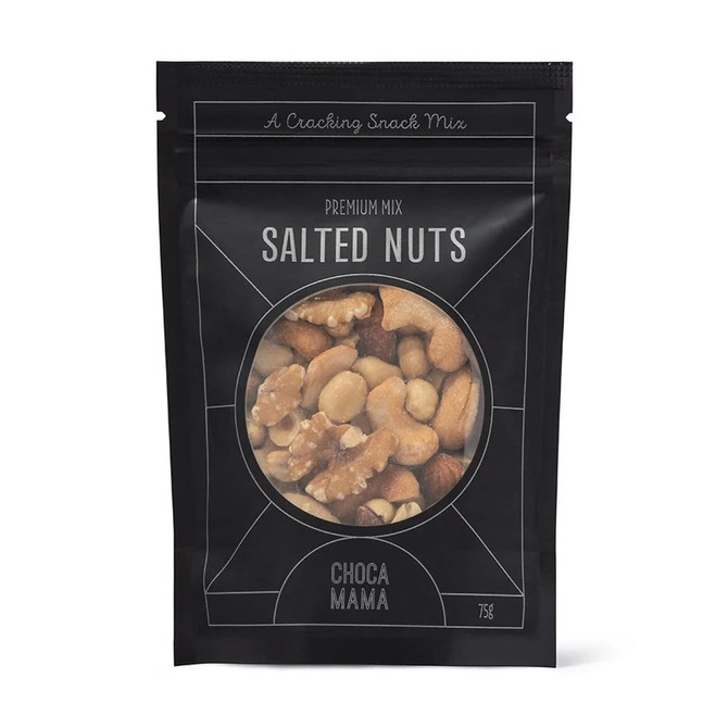 A snack mix bag contains salted nuts, featuring a variety of nuts in a black packaging with a logo.