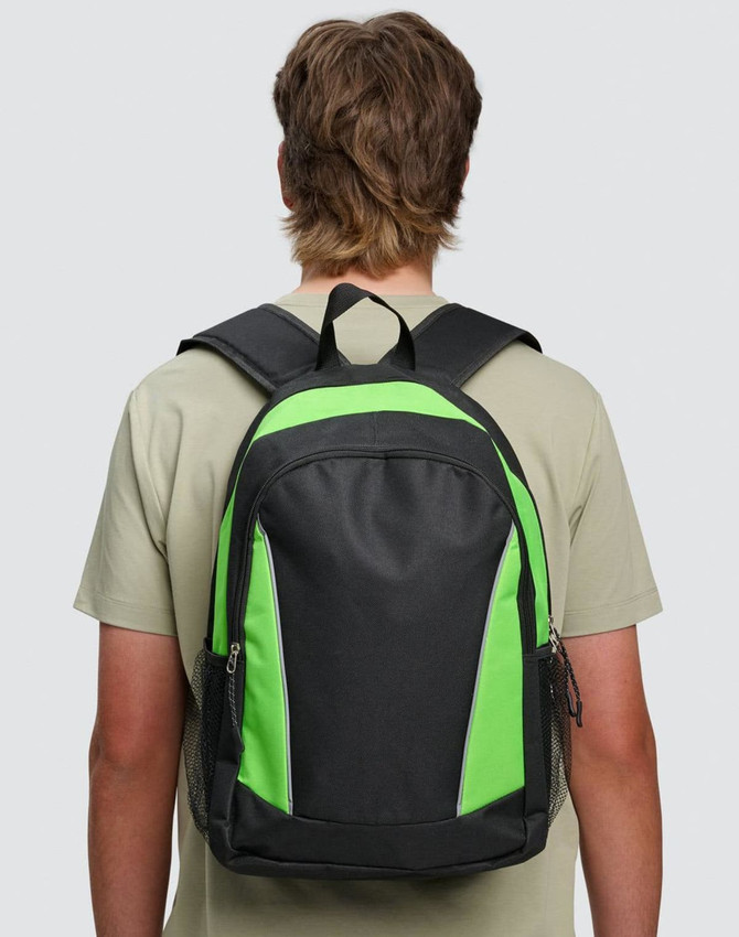 A black and neon green backpack with adjustable straps, featuring a logo and side mesh pockets.